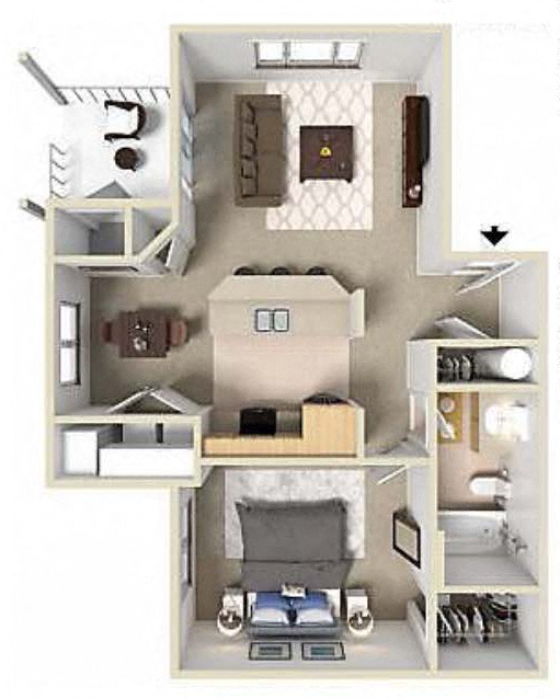 Floor plan for 1 bed, 1 bath, 703 sqft